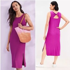 LOFT NWT Ribbed Knit Sleeveless Midi Dress with Back Twist Detail Fuchsia Pink S